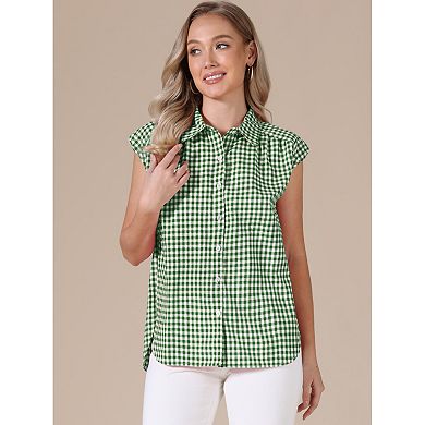 Summer Check Top for Women's 1950s Vintage Button Up Dressy Casual Blouse