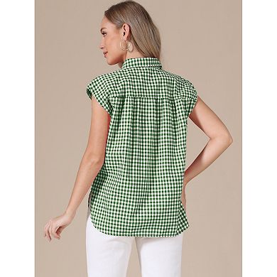 Summer Check Top for Women's 1950s Vintage Button Up Dressy Casual Blouse