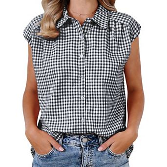 Summer Check Top for Women's 1950s Vintage Button Up Dressy Casual Blouse