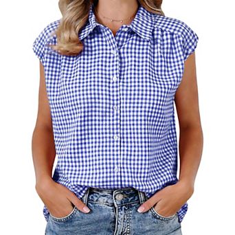 Summer Check Top for Women's 1950s Vintage Button Up Dressy Casual Blouse