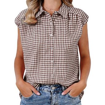 Summer Check Top for Women's 1950s Vintage Button Up Dressy Casual Blouse