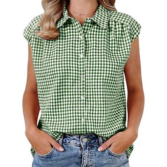 Summer Check Top for Women's 1950s Vintage Button Up Dressy Casual Blouse