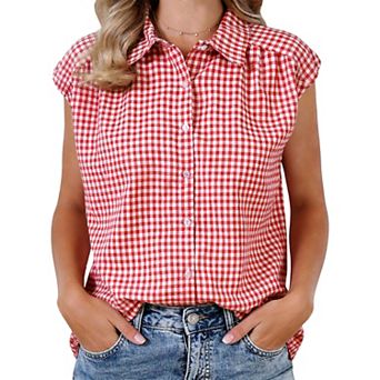 Summer Check Top for Women's 1950s Vintage Button Up Dressy Casual Blouse