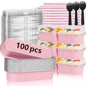 Great Ambitions 100-Pack Pink Disposable 6.8oz Mini Loaf Pans with Lids & Spoons
