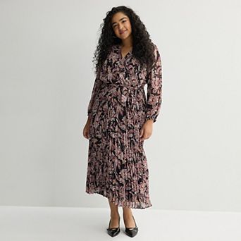 Plus Size Sandra Darren Long Sleeve Pleated Printed Maxi Dress