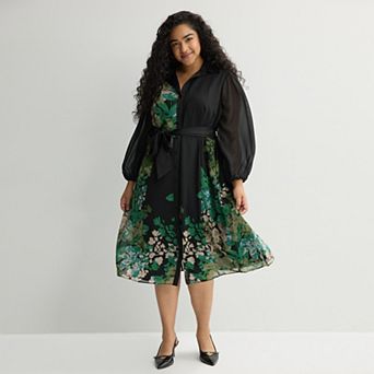 Plus Size Sandra Darren Long Sleeve Button-Down Printed Midi Shirtdress