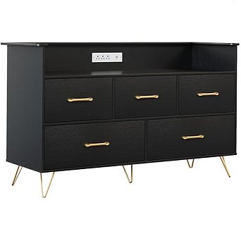 46.8" Wide Chest of Drawers with LED Lights, Charging Station & 5 Smooth-Sliding Drawers