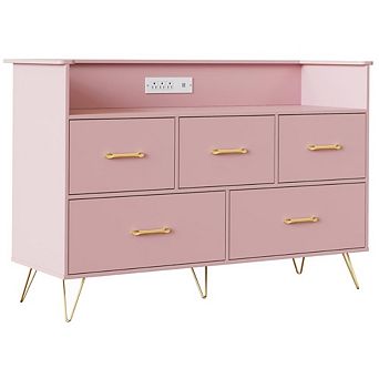46.8" Wide Chest of Drawers with LED Lights, Charging Station & 5 Smooth-Sliding Drawers