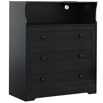 3 Drawer Tall Dresser w/LED Lights&Charging Station for Closet, Wooden Nightstand for Bedside