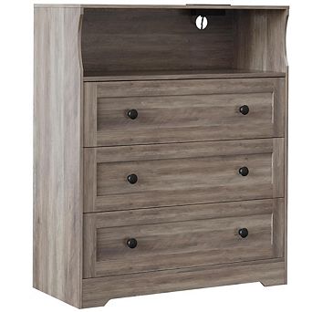 3 Drawer Tall Dresser w/LED Lights&Charging Station for Closet, Wooden Nightstand for Bedside