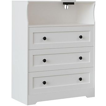 3 Drawer Tall Dresser w/LED Lights&Charging Station for Closet, Wooden Nightstand for Bedside