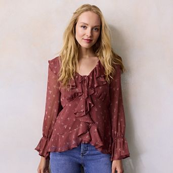 Women's LC Lauren Conrad Cascading Ruffle Collar Tie Front Top