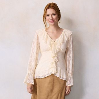 Petite LC Lauren Conrad Cascading Ruffle Collar Tie Front Top