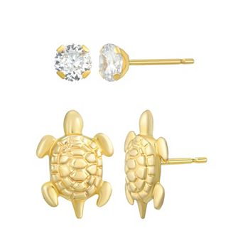 Taylor Grace 2-Pair 10k Gold Turtle & Round Cubic Zirconia Stud Earring Set