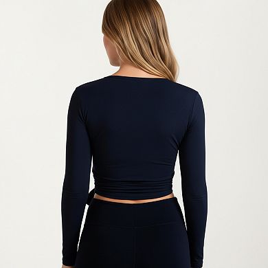 Women's Long Sleeve Wrap Athletic Top with Adjustable Waist Tie and Stretch Performance Fabric