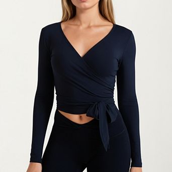 Women's Long Sleeve Wrap Athletic Top with Adjustable Waist Tie and Stretch Performance Fabric