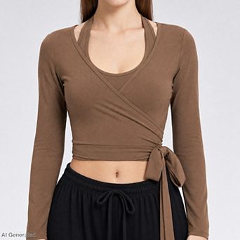 Women's Long Sleeve Wrap Athletic Top with Adjustable Waist Tie and Stretch Performance Fabric