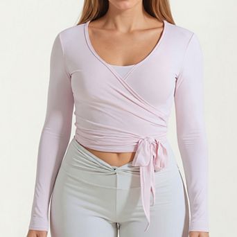 Women's Long Sleeve Wrap Athletic Top with Adjustable Waist Tie and Stretch Performance Fabric