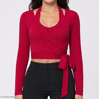 Women's Long Sleeve Wrap Athletic Top with Adjustable Waist Tie and Stretch Performance Fabric