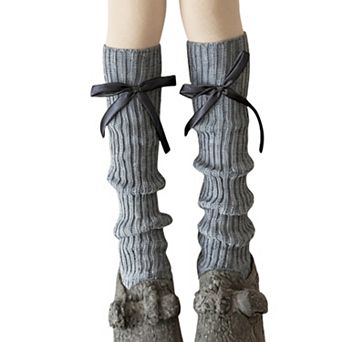 Women's Ribbed Knit Leg Warmers with Decorative Ribbon Bow Detail and Soft Stretch Fit