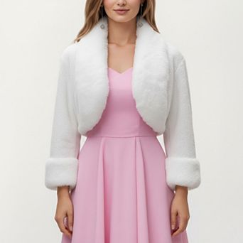 Women's Faux Fur Trim Cropped Jacket with Plush Shawl Collar Soft Textured Long Sleeves