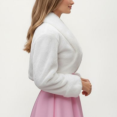 Women's Faux Fur Trim Cropped Jacket with Plush Shawl Collar Soft Textured Long Sleeves