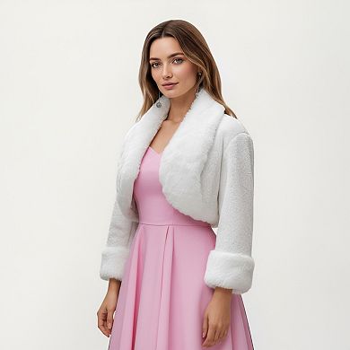 Women's Faux Fur Trim Cropped Jacket with Plush Shawl Collar Soft Textured Long Sleeves