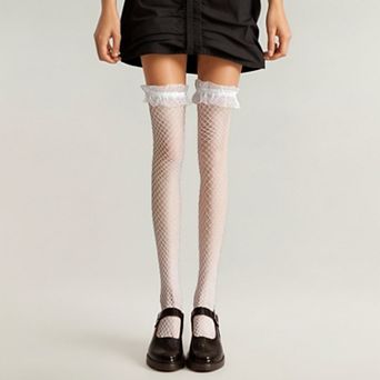 Women's Fishnet Thigh High Stockings with Ruffled Lace Top Detail and Soft Stretch Fit