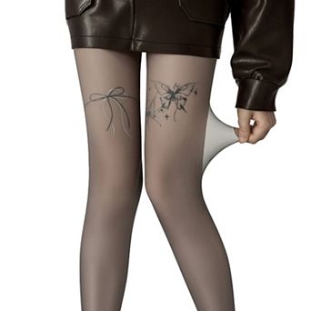 Women's Sheer Full Length Tights with Bow and Butterfly Thigh Print and Soft Stretch Fit