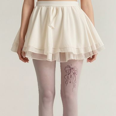 Women's Sheer Full Length Tights with Decorative Bow Thigh Print and Soft Stretch Fit