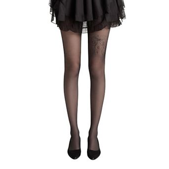 Women's Sheer Full Length Tights with Decorative Bow Thigh Print and Soft Stretch Fit
