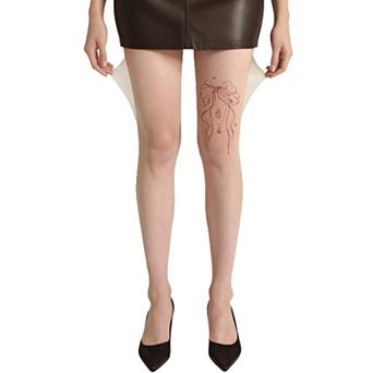 Women's Sheer Full Length Tights with Decorative Bow Thigh Print and Soft Stretch Fit