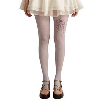 Women's Sheer Full Length Tights with Decorative Bow Thigh Print and Soft Stretch Fit