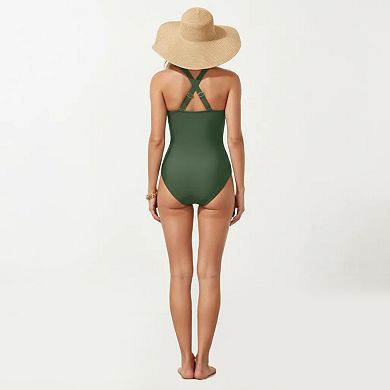 Women's One Piece Swimsuit with Halter Neckline Ruched Front and Laser Cut Detail
