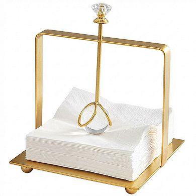 Modern Gold Metal Napkin Holder with Crystal Knob Decorative Tabletop Organizer