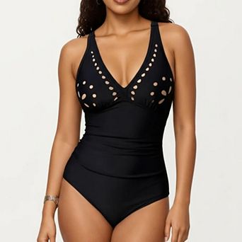 Women's One Piece Swimsuit with V Neck Laser Cut Detail and Contoured Fit