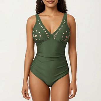 Women's One Piece Swimsuit with V Neck Laser Cut Detail and Contoured Fit