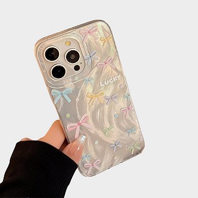 Bow Accent Phone Case with Textured Wave Finish and Decorative Crystal Details