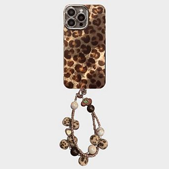 Leopard Print Phone Case with Beaded Wristlet Charm