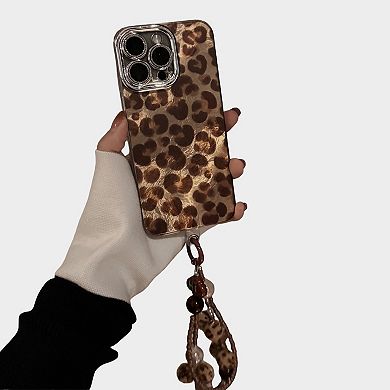 Leopard Print Phone Case with Beaded Wristlet Charm
