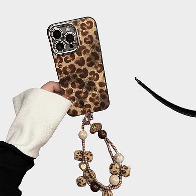 Leopard Print Phone Case with Beaded Wristlet Charm
