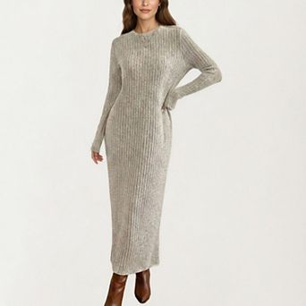 Women's Long Sleeve Ribbed Knit Maxi Dress with Crew Neck and Body Skimming Silhouette