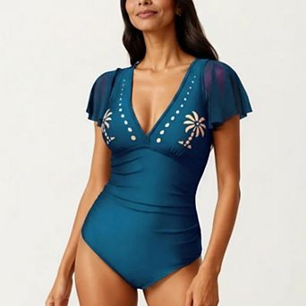 Women's One Piece Swimsuit with Flutter Sleeves V Neck Bust Detail and Shaping Silhouette