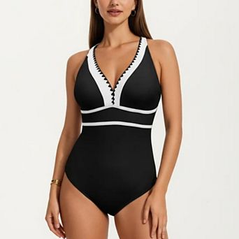 Women's One Piece Swimsuit with Deep V Neck Contrast Trim and Sculpted Waist Design