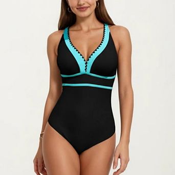 Women's One Piece Swimsuit with Deep V Neck Contrast Trim and Sculpted Waist Design