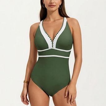 Women's One Piece Swimsuit with Deep V Neck Contrast Trim and Sculpted Waist Design