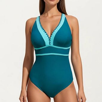 Women's One Piece Swimsuit with Deep V Neck Contrast Trim and Sculpted Waist Design
