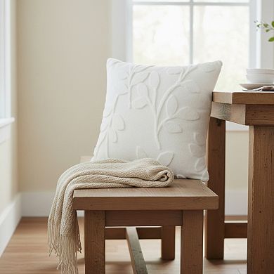 Textured Botanical Decorative Throw Pillow with Raised Leaf Embroidery Square Accent Cushion