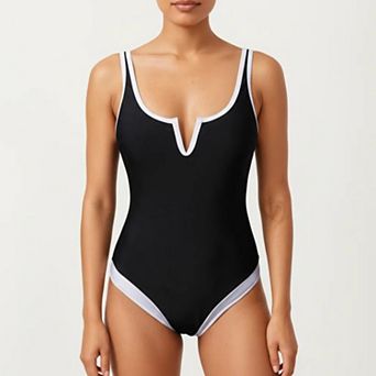 Women's One Piece Swimsuit with Notched Scoop Neck Contrast Trim and Contoured Fit