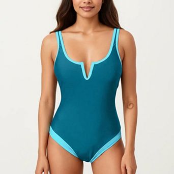 Women's One Piece Swimsuit with Notched Scoop Neck Contrast Trim and Contoured Fit